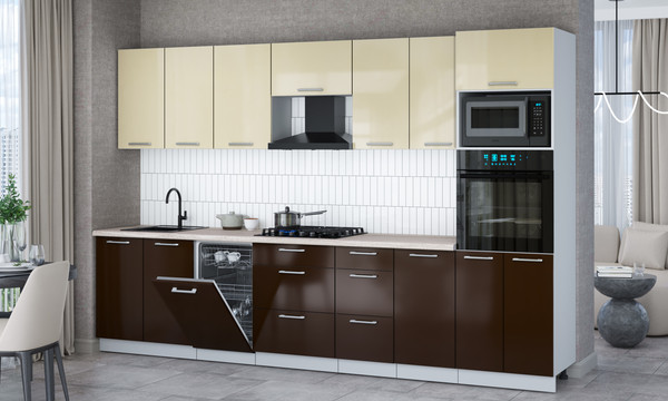 Изображение товара Кухонный гарнитур Интерлиния Мила Gloss 3.25-ПМ3 (шоколад глянец/ваниль глянец/травертин серый)