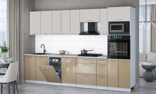 Изображение товара Кухонный гарнитур Интерлиния Мила Gloss 3.2-ПМ3 (капучино глянец/кашемир/травертин серый)