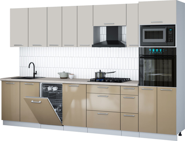 Изображение товара Кухонный гарнитур Интерлиния Мила Gloss 3.2-ПМ3 (капучино глянец/кашемир/травертин серый)