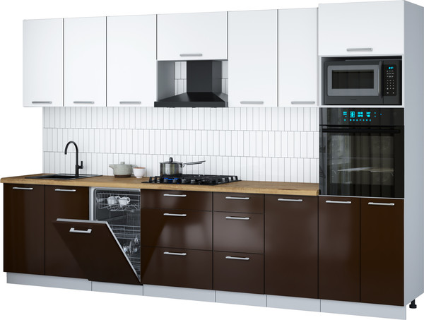 Изображение товара Кухонный гарнитур Интерлиния Мила Gloss 3.25-ПМ3 (шоколад глянец/белый/дуб бунратти)