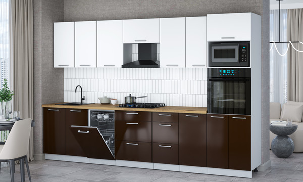 Изображение товара Кухонный гарнитур Интерлиния Мила Gloss 3.25-ПМ3 (шоколад глянец/белый/дуб бунратти)