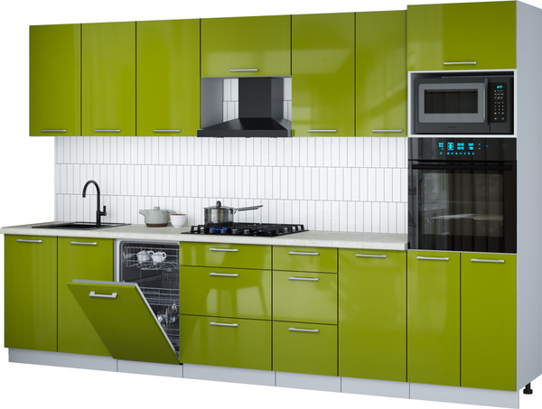 Изображение товара Кухонный гарнитур Интерлиния Мила Gloss 3.25-ПМ3 (яблоко глянец/яблоко глянец/опал светлый)