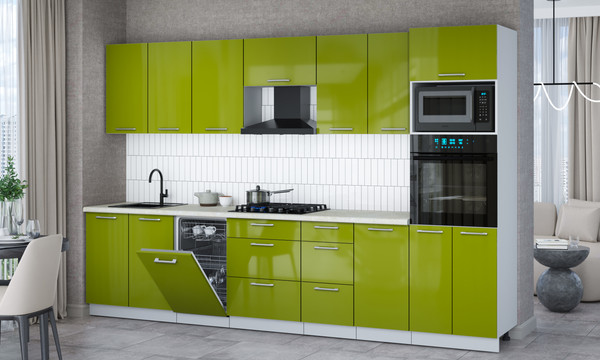 Изображение товара Кухонный гарнитур Интерлиния Мила Gloss 3.25-ПМ3 (яблоко глянец/яблоко глянец/опал светлый)