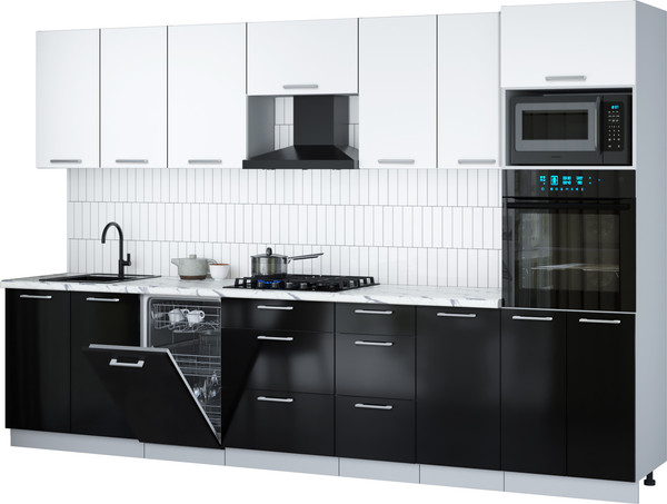 Изображение товара Кухонный гарнитур Интерлиния Мила Gloss 3.25-ПМ3 (черный глянец/белый/белый гранит)