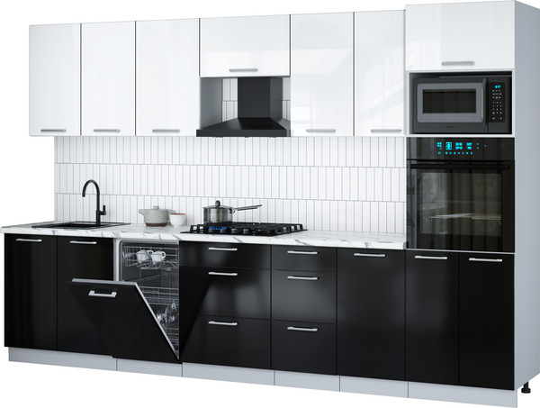 Изображение товара Кухонный гарнитур Интерлиния Мила Gloss 3.25-ПМ3 (черный глянец/белый глянец/белый гранит)