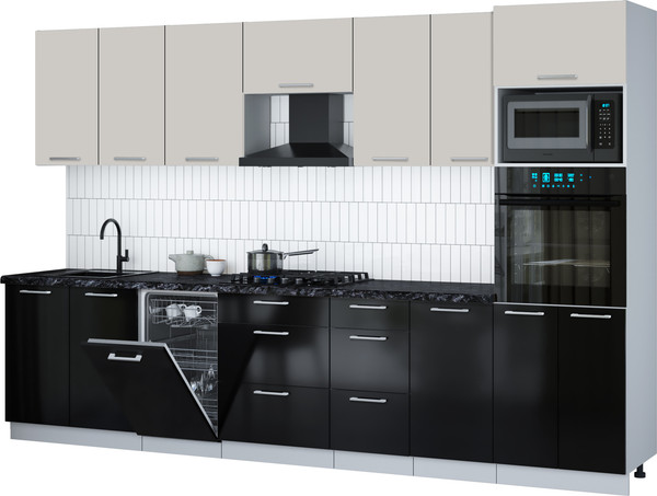 Изображение товара Кухонный гарнитур Интерлиния Мила Gloss 3.25-ПМ3 (черный глянец/кашемир/кастилло темный)