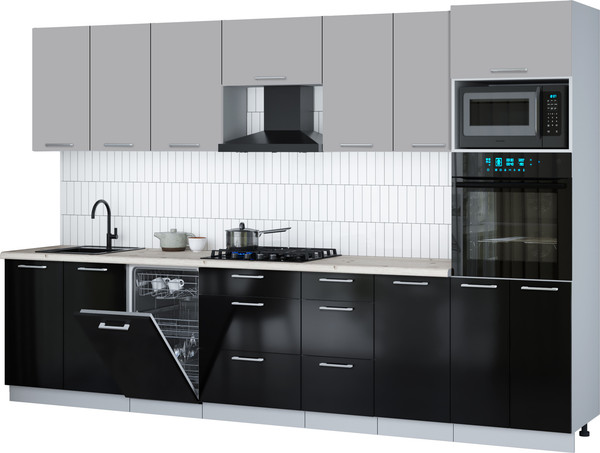 Изображение товара Кухонный гарнитур Интерлиния Мила Gloss 3.25-ПМ3 (черный глянец/грей/бискайская сосна)