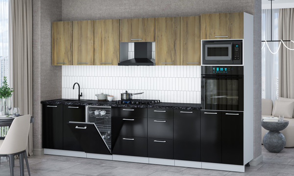 Изображение товара Кухонный гарнитур Интерлиния Мила Gloss 3.25-ПМ3 (черный глянец/дуб вотан/кастилло темный)