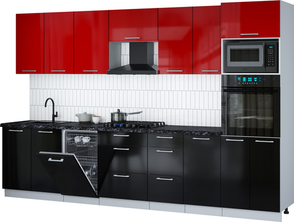 Изображение товара Кухонный гарнитур Интерлиния Мила Gloss 3.25-ПМ3 (черный глянец/красный глянец/кастилло темный)