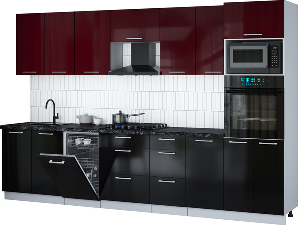 Изображение товара Кухонный гарнитур Интерлиния Мила Gloss 3.25-ПМ3 (черный глянец/бордовый глянец/кастилло темный)