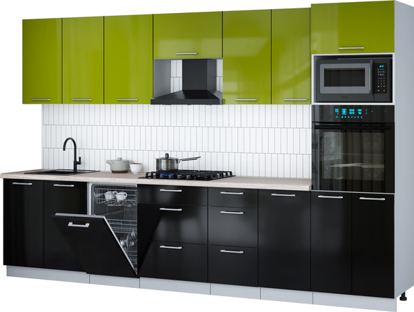 Изображение товара Кухонный гарнитур Интерлиния Мила Gloss 3.25-ПМ3 (черный глянец/яблоко глянец/травертин серый)