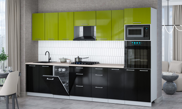 Изображение товара Кухонный гарнитур Интерлиния Мила Gloss 3.25-ПМ3 (черный глянец/яблоко глянец/травертин серый)