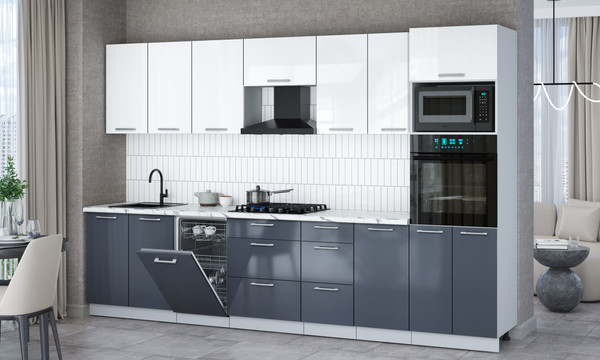 Изображение товара Кухонный гарнитур Интерлиния Мила Gloss 3.25-ПМ3 (асфальт глянец/белый глянец/белый гранит)