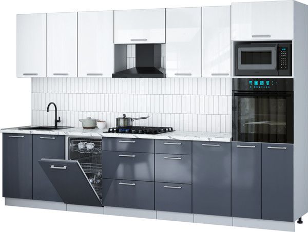 Изображение товара Кухонный гарнитур Интерлиния Мила Gloss 3.25-ПМ3 (асфальт глянец/белый глянец/белый гранит)