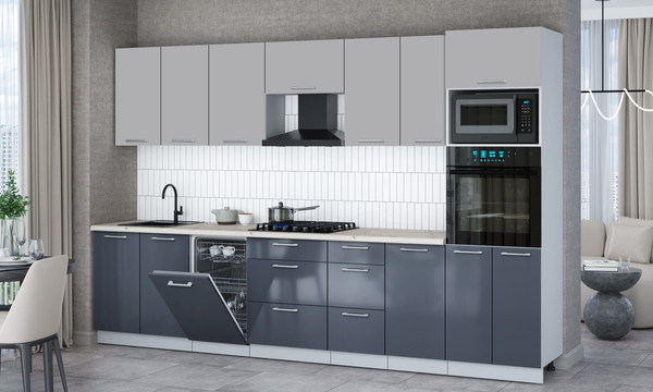 Изображение товара Кухонный гарнитур Интерлиния Мила Gloss 3.25-ПМ3 (асфальт глянец/грей/бискайская сосна)