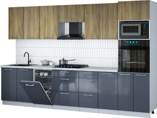 Изображение товара Кухонный гарнитур Интерлиния Мила Gloss 3.25-ПМ3 (асфальт глянец/дуб вотан/серый каспий)