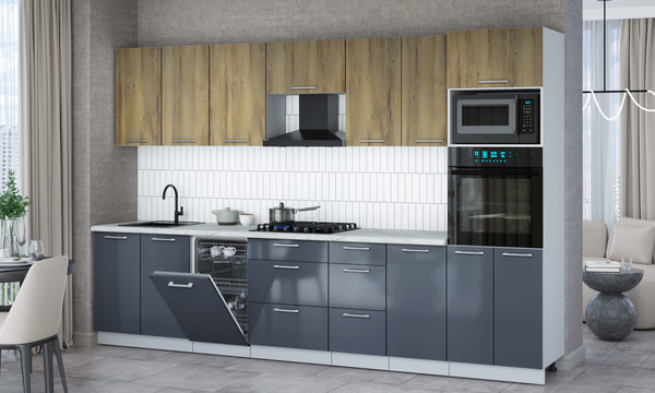 Изображение товара Кухонный гарнитур Интерлиния Мила Gloss 3.25-ПМ3 (асфальт глянец/дуб вотан/серый каспий)