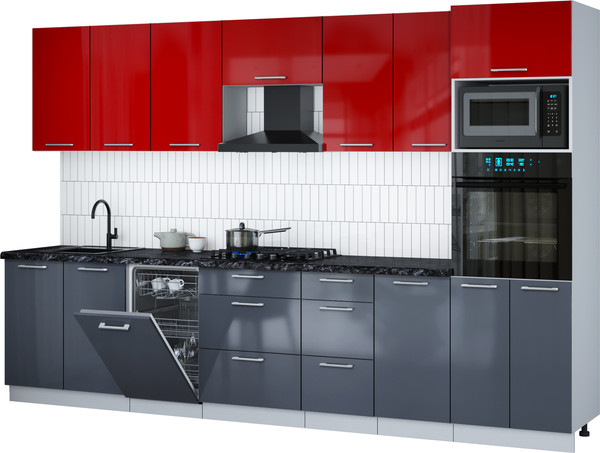 Изображение товара Кухонный гарнитур Интерлиния Мила Gloss 3.25-ПМ3 (асфальт глянец/красный глянец/кастилло темный)
