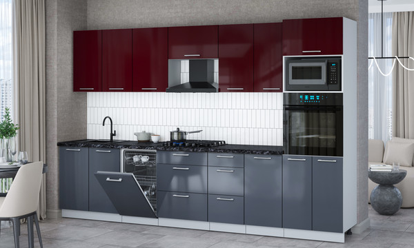 Изображение товара Кухонный гарнитур Интерлиния Мила Gloss 3.25-ПМ3 (асфальт глянец/бордовый глянец/кастилло темный)