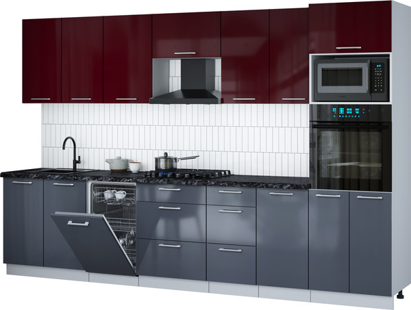 Изображение товара Кухонный гарнитур Интерлиния Мила Gloss 3.25-ПМ3 (асфальт глянец/бордовый глянец/кастилло темный)