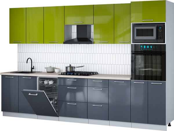 Изображение товара Кухонный гарнитур Интерлиния Мила Gloss 3.25-ПМ3 (асфальт глянец/яблоко глянец/травертин серый)