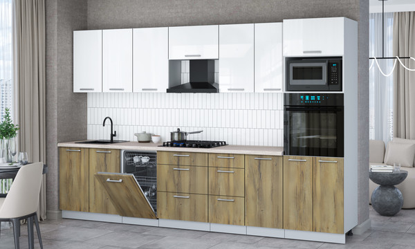 Изображение товара Кухонный гарнитур Интерлиния Мила Gloss 3.25-ПМ3 (дуб вотан/белый глянец/травертин серый)