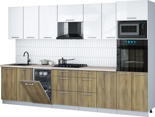 Изображение товара Кухонный гарнитур Интерлиния Мила Gloss 3.25-ПМ3 (дуб вотан/белый глянец/травертин серый)