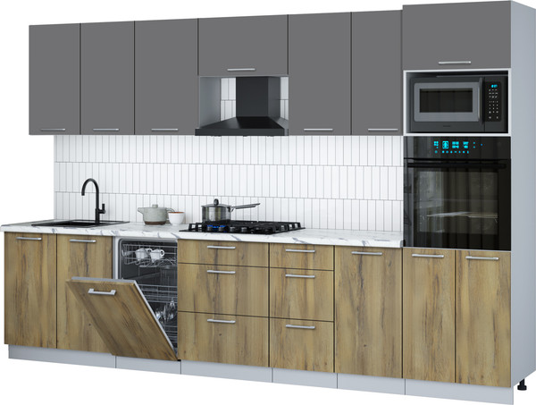 Изображение товара Кухонный гарнитур Интерлиния Мила Gloss 3.25-ПМ3 (дуб вотан/серый/белый гранит)