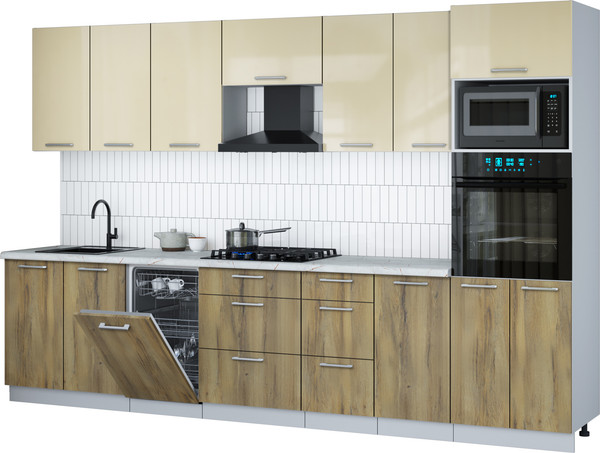 Изображение товара Кухонный гарнитур Интерлиния Мила Gloss 3.25-ПМ3 (дуб вотан/ваниль глянец/серый каспий)