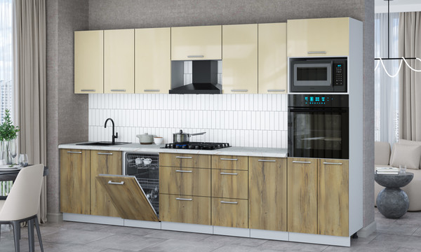 Изображение товара Кухонный гарнитур Интерлиния Мила Gloss 3.25-ПМ3 (дуб вотан/ваниль глянец/серый каспий)