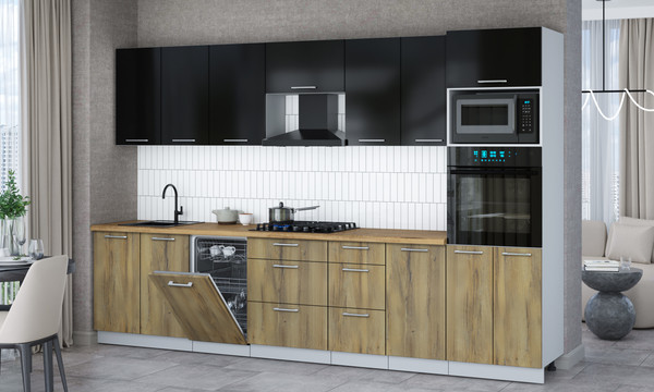 Изображение товара Кухонный гарнитур Интерлиния Мила Gloss 3.25-ПМ3 (дуб вотан/черный глянец/дуб бунратти)