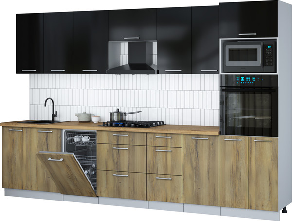 Изображение товара Кухонный гарнитур Интерлиния Мила Gloss 3.25-ПМ3 (дуб вотан/черный глянец/дуб бунратти)