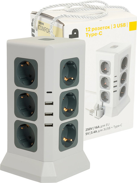Изображение товара Удлинитель Stekker Comfort HM10-61-01 / 49991 (1.5м, белый/серый)