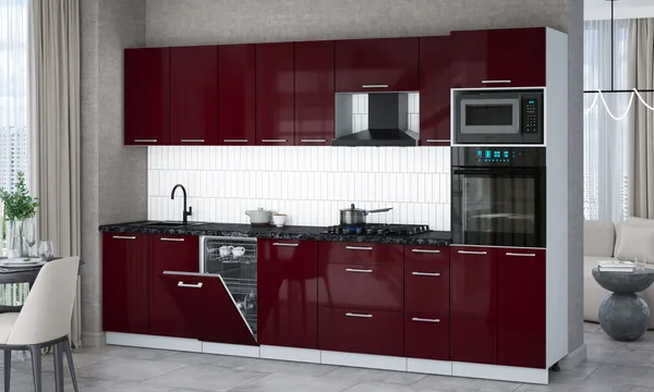Изображение товара Кухонный гарнитур Interline Мила Gloss 3.2-ПМ3 (бордовый глянец/бордовый глянец/кастилло темный)