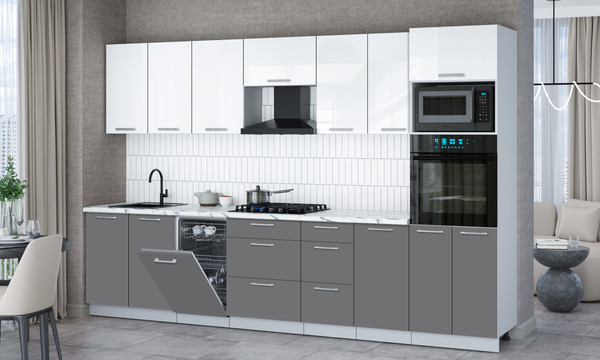 Изображение товара Кухонный гарнитур Интерлиния Мила Gloss 3.25-ПМ3 (серый/белый глянец/белый гранит)