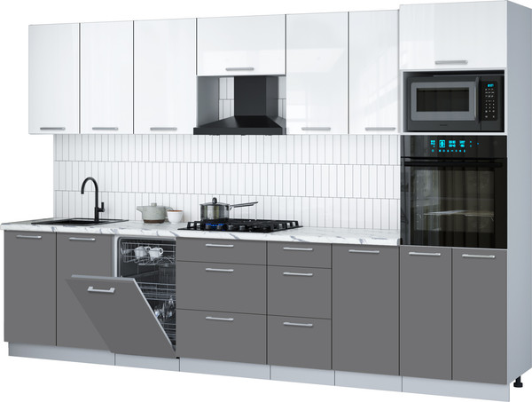 Изображение товара Кухонный гарнитур Интерлиния Мила Gloss 3.25-ПМ3 (серый/белый глянец/белый гранит)