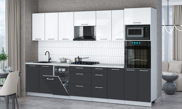 Изображение товара Кухонный гарнитур Интерлиния Мила Gloss 3.25-ПМ3 (пепел/белый глянец/серый каспий)