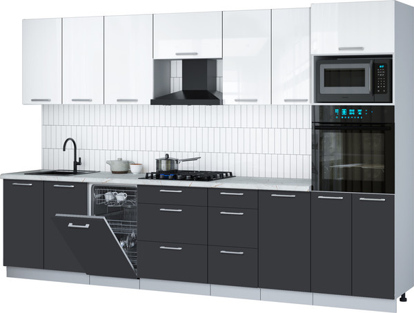 Изображение товара Кухонный гарнитур Интерлиния Мила Gloss 3.25-ПМ3 (пепел/белый глянец/серый каспий)