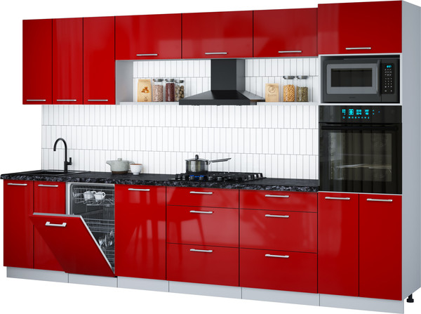 Изображение товара Кухонный гарнитур Интерлиния Мила Gloss 3.3-ПМ3 (красный глянец/красный глянец/кастилло темный)