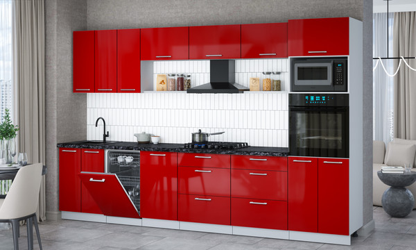 Изображение товара Кухонный гарнитур Интерлиния Мила Gloss 3.3-ПМ3 (красный глянец/красный глянец/кастилло темный)