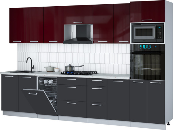 Изображение товара Кухонный гарнитур Интерлиния Мила Gloss 3.25-ПМ3 (пепел/бордовый глянец/серый каспий)