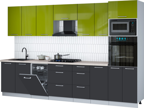 Изображение товара Кухонный гарнитур Интерлиния Мила Gloss 3.25-ПМ3 (пепел/яблоко глянец/травертин серый)