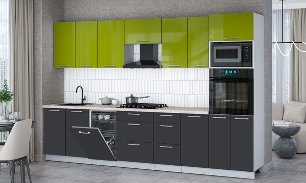 Изображение товара Кухонный гарнитур Интерлиния Мила Gloss 3.25-ПМ3 (пепел/яблоко глянец/травертин серый)