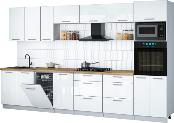 Изображение товара Кухонный гарнитур Интерлиния Мила Gloss 3.5-ПМ3 (белый глянец/белый глянец/дуб бунратти)