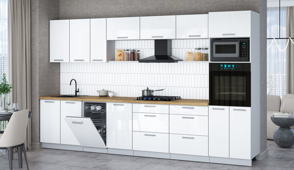 Изображение товара Кухонный гарнитур Интерлиния Мила Gloss 3.5-ПМ3 (белый глянец/белый глянец/дуб бунратти)