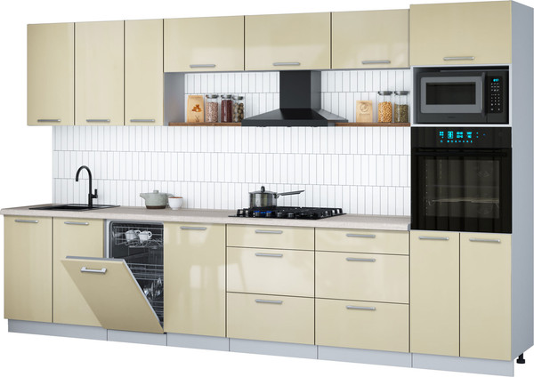 Изображение товара Кухонный гарнитур Интерлиния Мила Gloss 3.5-ПМ3 (ваниль глянец/ваниль глянец/травертин серый)