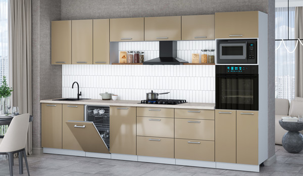 Изображение товара Кухонный гарнитур Интерлиния Мила Gloss 3.5-ПМ3 (капучино глянец/капучино глянец/бискайская сосна)