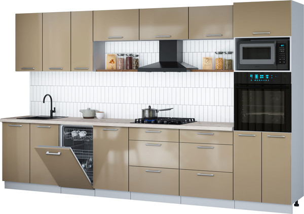 Изображение товара Кухонный гарнитур Интерлиния Мила Gloss 3.5-ПМ3 (капучино глянец/капучино глянец/бискайская сосна)