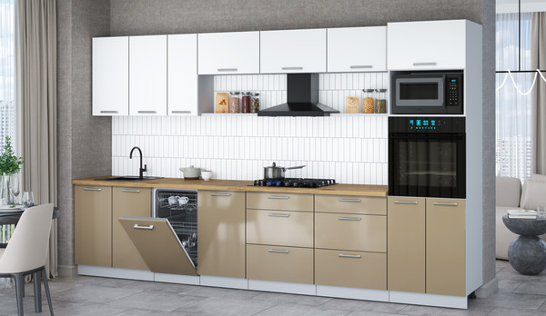 Изображение товара Кухонный гарнитур Интерлиния Мила Gloss 3.5-ПМ3 (капучино глянец/белый/дуб бунратти)