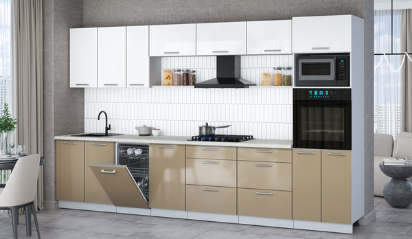 Изображение товара Кухонный гарнитур Интерлиния Мила Gloss 3.5-ПМ3 (капучино глянец/белый глянец/опал светлый)